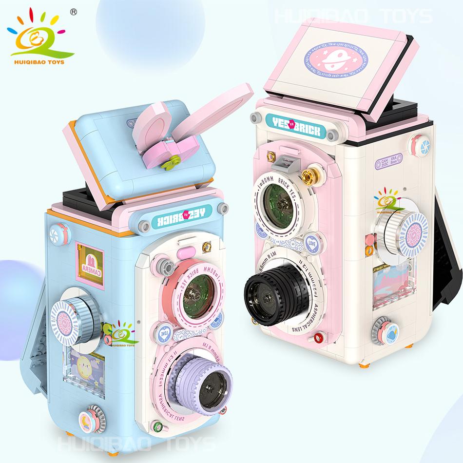 Moc Não Tóxico Vintage Coelho Cor de Doce Máquina de Câmera Mini Modelo Blocos de Construção Diy Micro Ornamento Tijolos Brinquedos Presente para Adulto