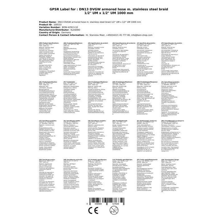 Flexible inox - KLASEBO - 1/2 pouce - 1000mm - Eau potable - Sanitaire