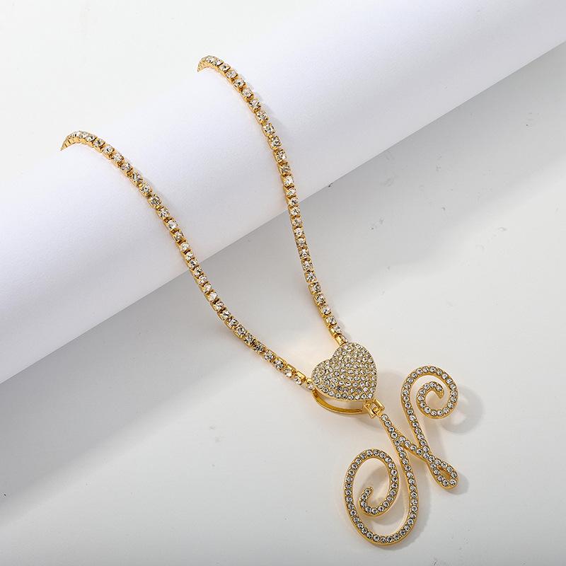 26 Flower Letter Necklace: Hip Hop Heart Pendant with Full Diamond Inlaid Tennis Chain for Women