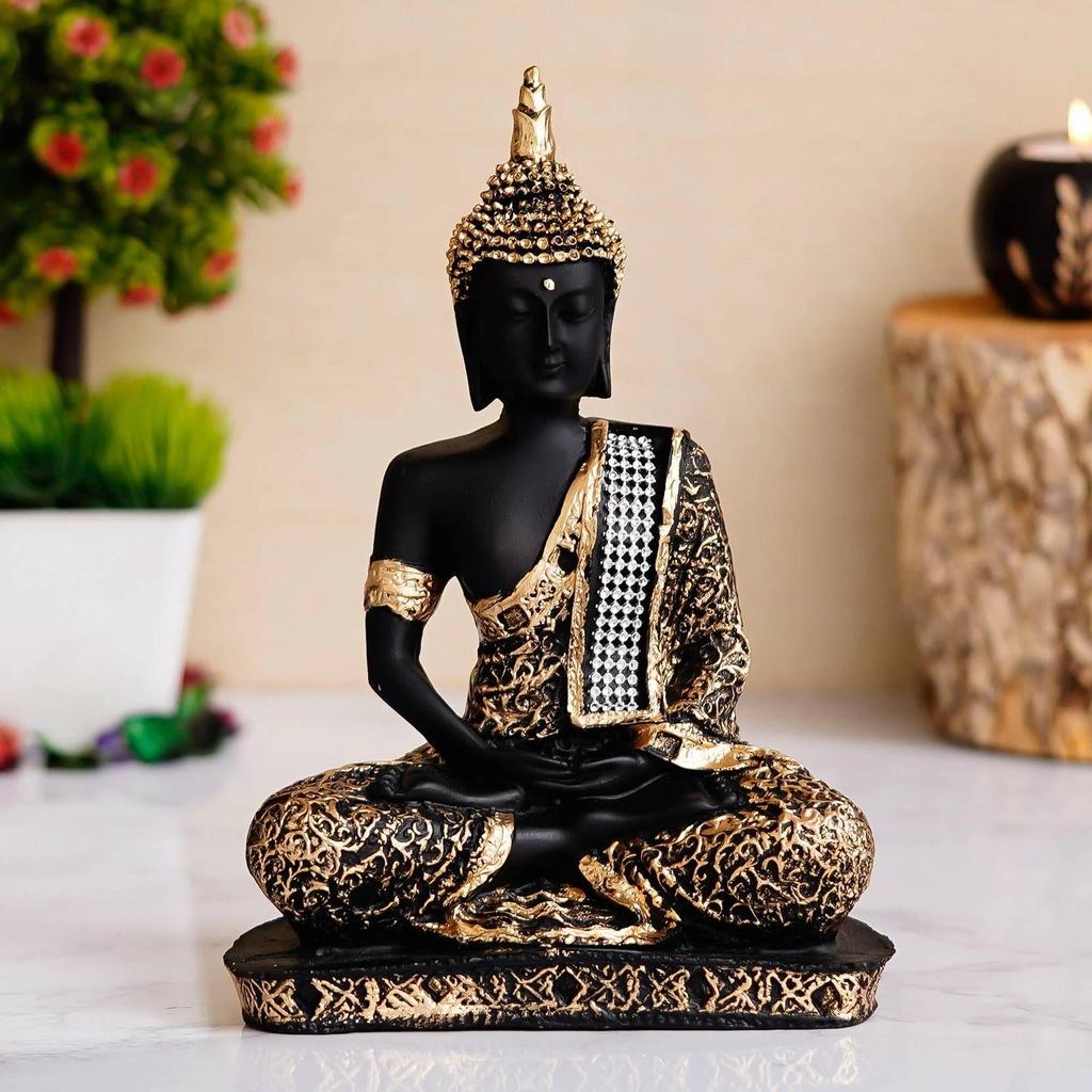 Meditating Buddha Statue For Home Decor Idol Decorative Showpiece - 17 Cm  (Polyresin, Gold)