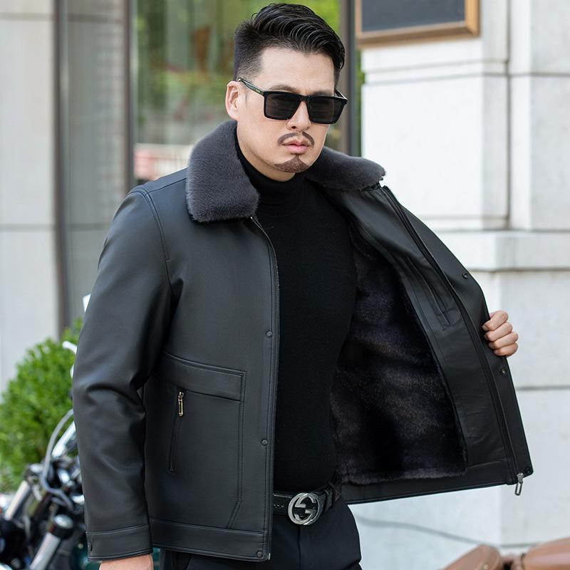 Winter Velvet Thickened Genuine Leather Jacket Men's Sheepskin Lapel Leather Jacket Leather Liner Detachable Middle-aged Jacket