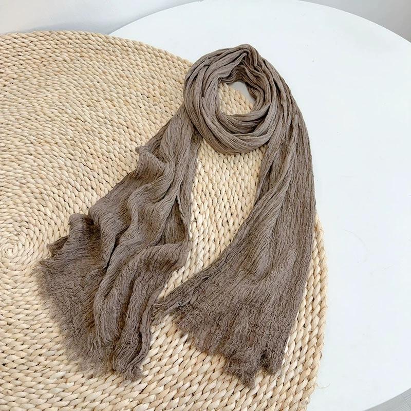 Solid Color Cotton Crinkled Scarf for Women Retro Neck Warmer Decorative Narrow Long Striped Scarf Wrap Shawl for Autumn 220cm