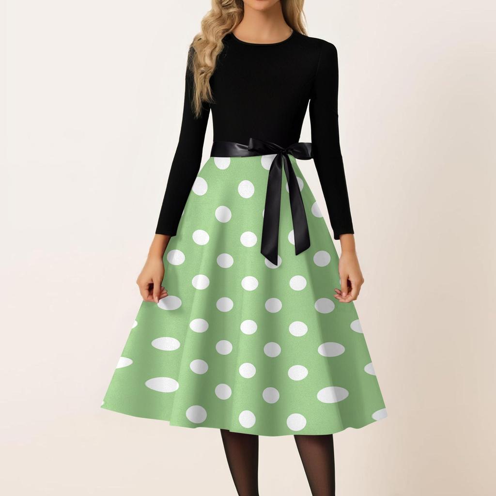 Women’s Casual Long Sleeve Crew Neck Polka Dot Print Vintage Midi Dress with Waist Belt for Everyday and Party Wear