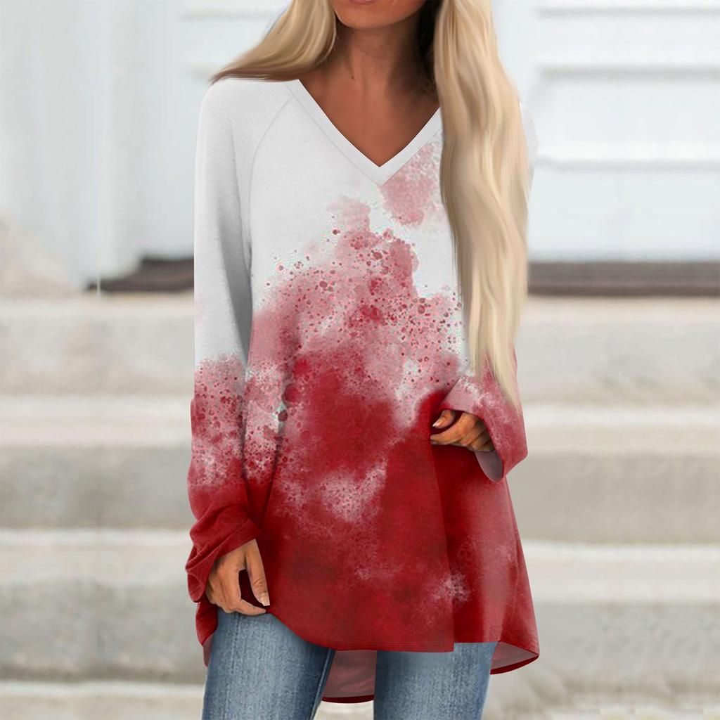 Ladies' Fashionable And Casual Halloween Printed T-shirt Long Sleeved V-neck Mid Length Top