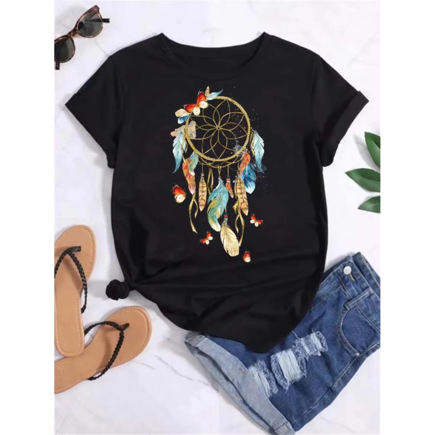 Women s T-Shirts Harajuku Graphic T-Shirts Feather Dreamcatcher Prints Trendy Women s T-Shirts Tops S чёрный