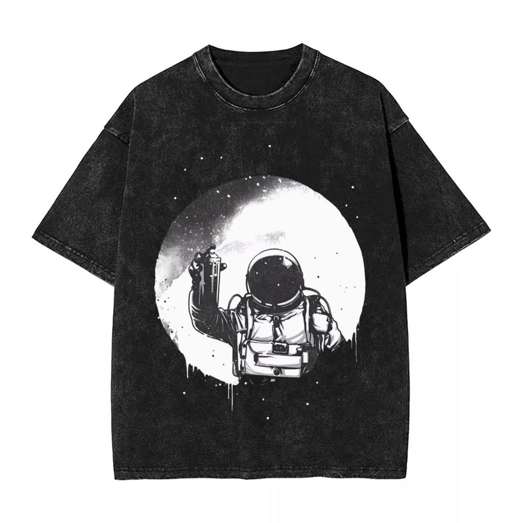 Astronauts Cherish The Lunar woman Men Cotton Washed Hot stamping Print Harajuku Cotton Mens Summer Short Sleeve Tees