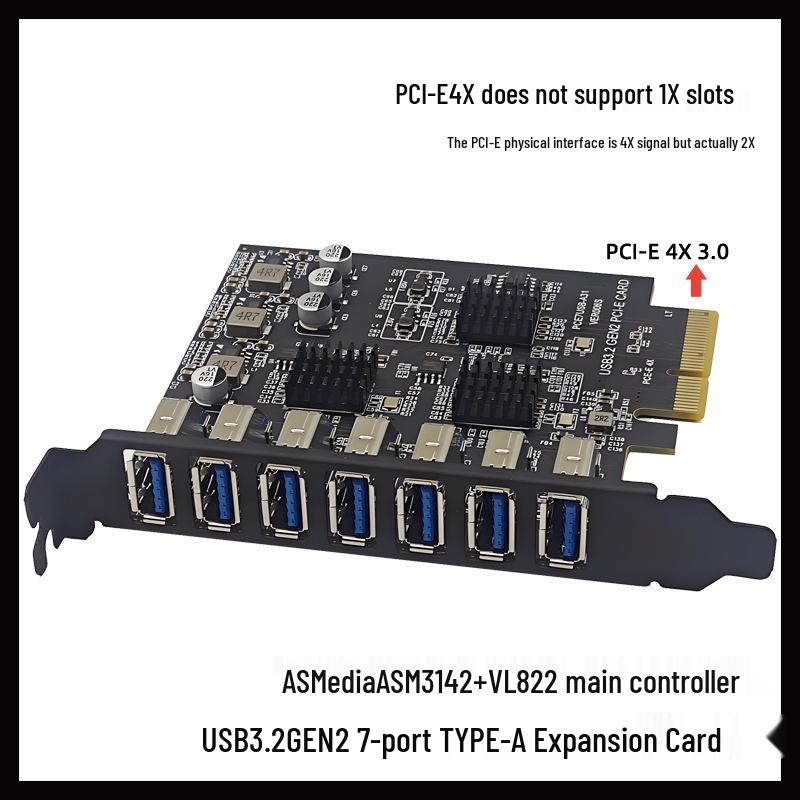 

7-Port PCI-E 4X USB 3.2 Gen2 Expansion Card with Side-Mounted Type-A Ports, ASMedia ASM3142, 10Gbps чорний