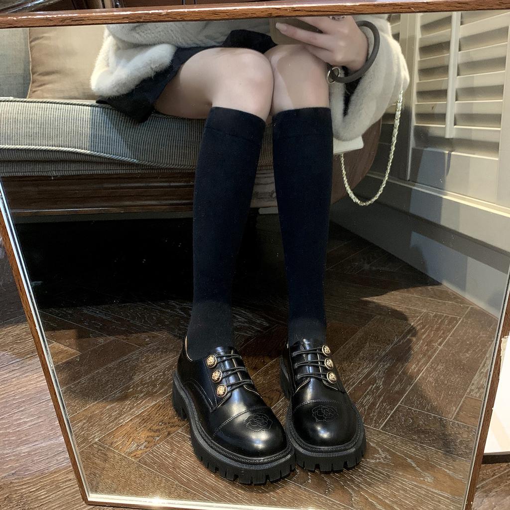 Cowhide~ Love Small Leather Shoes Grape Mother Hepburn Style Retro Thick-soled Velvet Thick Heel Embroidery Camellia Women Autumn and Winter