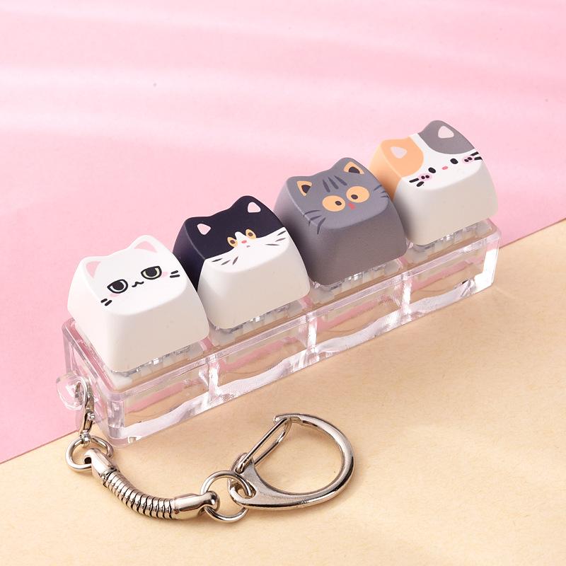 1Pcs Cute Cat Keyboard Fidget 4 Keys Creative Design Keycap Keyring Finger Button Kawaii Mechanical Keyboard Keychain