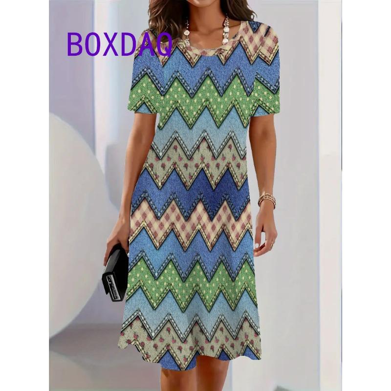 

Colorful Block Pattern Print Women Dresses Casual Summer Short Sleeve O-Neck Loose A-Line Dress Street Fashion Female Sundress XL