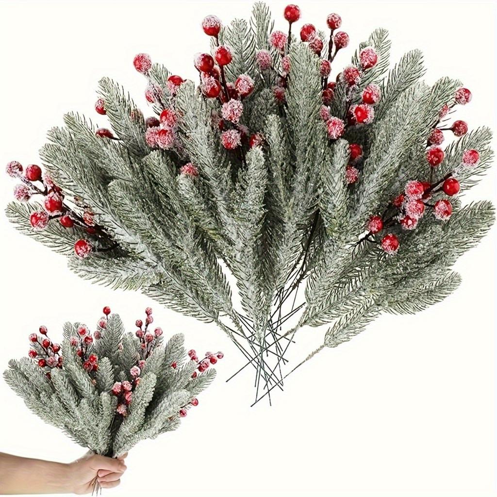 12pcs Christmas Artificial Cedar Branches And Artificial Red Plum Branches Holly Berry Set, for Holiday Wreaths, Tree Decoration