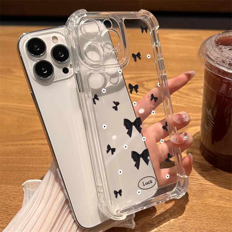 Barevný růžový potisk mašle Průhledný kryt na telefon pro iPhone 11 12 13 14 15 16 Pro Max SE XR X XS 7 8 16 Plus Nárazuvzdorný kryt