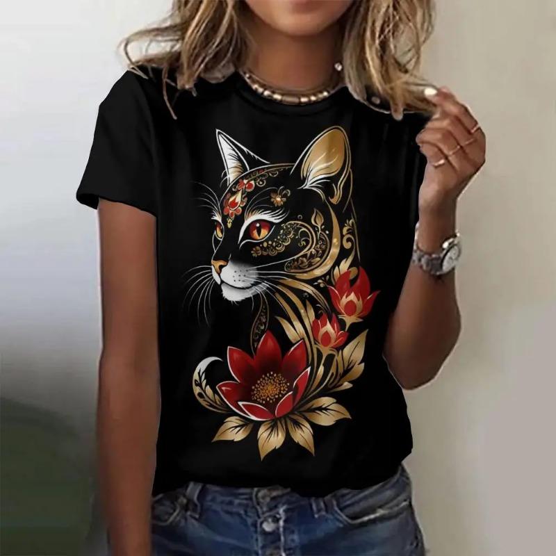 Summer O-Neck Short Sleeve Women's T-Shirt 3d Printed Black Cat Pattern T-Shirt Pullover Top Fashion Street Female Clothing 2024
