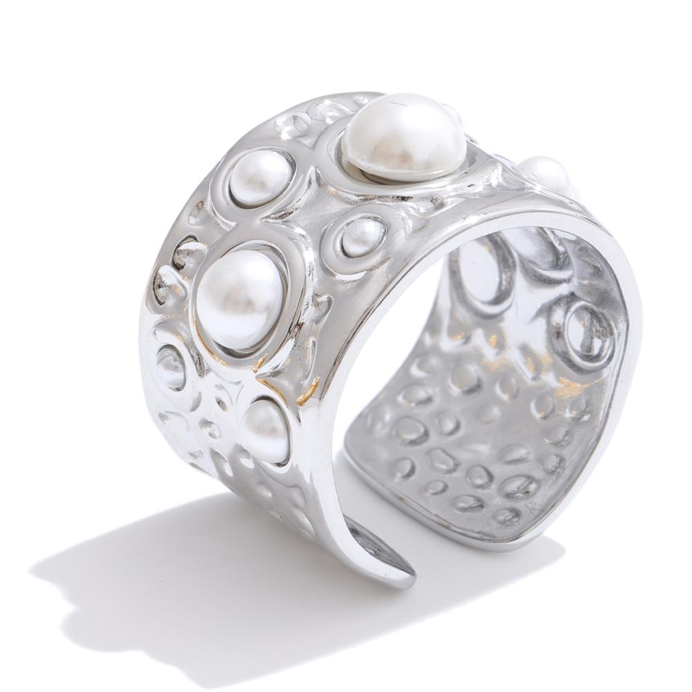 

Yhpup Size:7 Simulated Pearls Hammer Metal Wide Open Ring Rust Proof Stainless Steel Charm Finger Jewelry Recommend 7