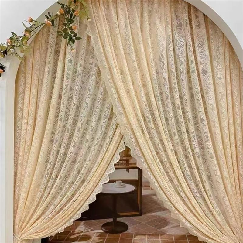 Vintage Lace Curtains  Romantic Semi Sheer Floral Lacy Curtain for Living Room, Elegant Window Drapes for Bedroom with Pearls