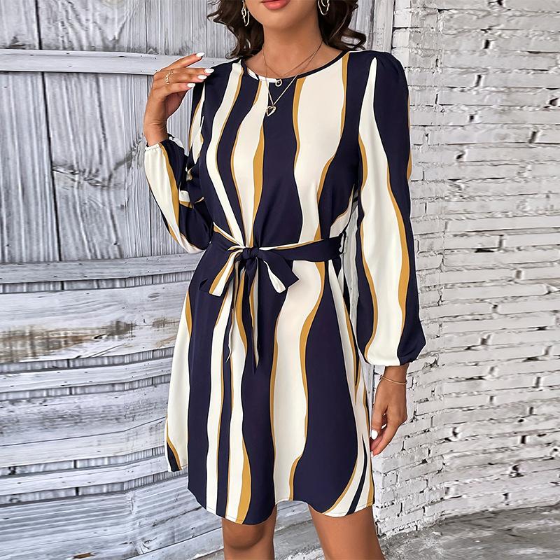 

YYFS Женская мода Весна Осень Цветной блок Принт Длинный рукав Круглый вырез Высокая талия Повседневные платья XL разноцветный