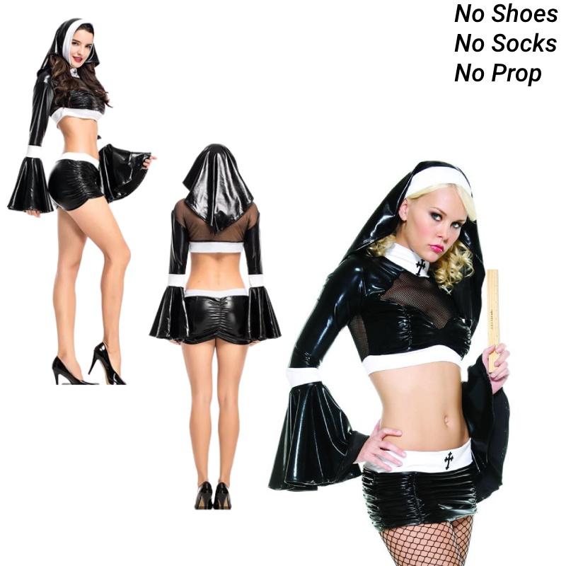 Coated Halloween Split Nun Sexy Cosplay Costume Set Black Skirt Perform Party