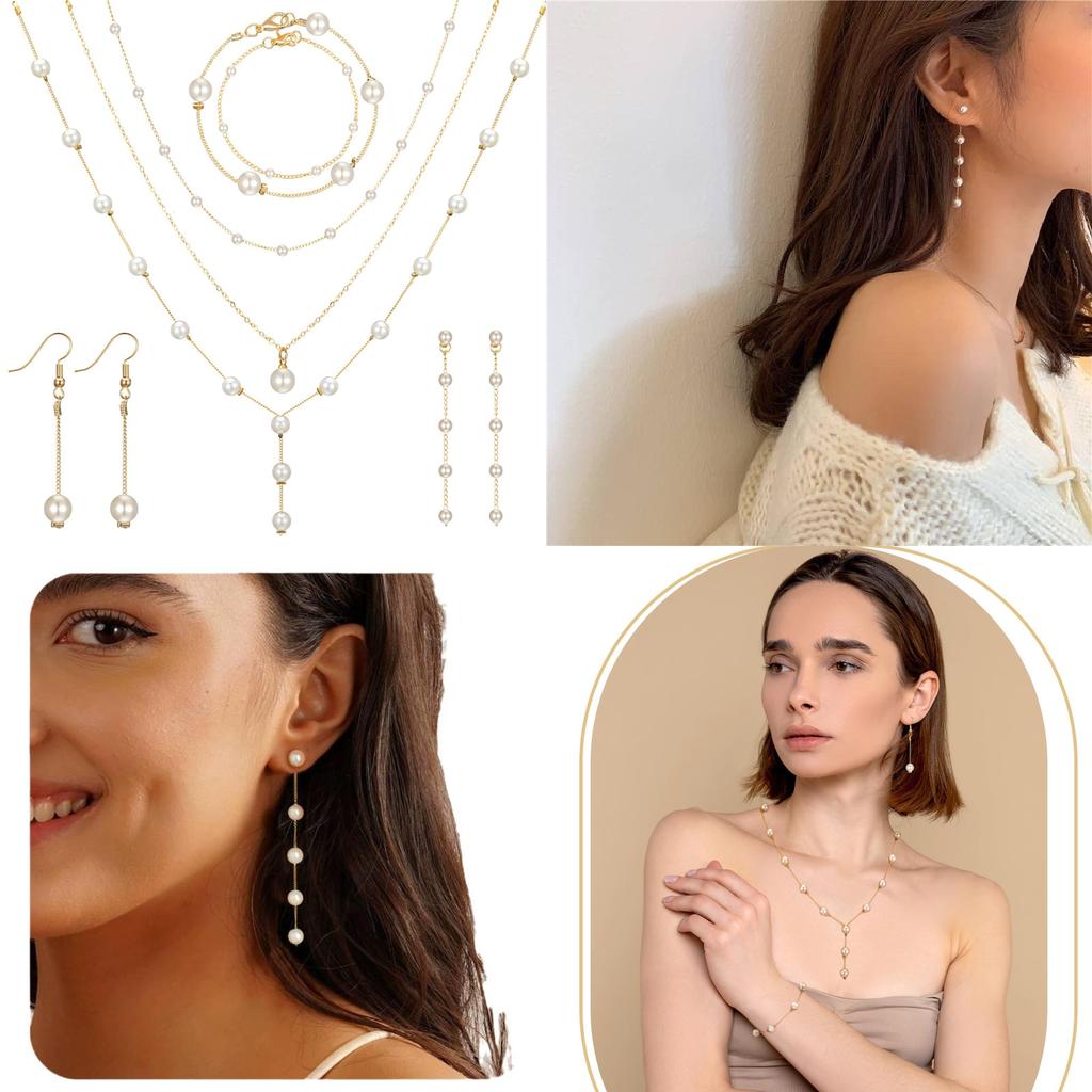 Lightweight French Pearl Necklace And Earring Set With Geometric Design For Elegant Women