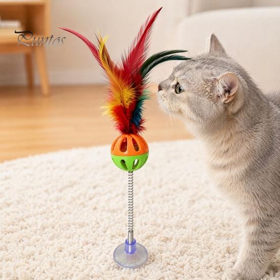 Cat Bell Ball Funny Stick with Suction Cup, Spring Rod Interactive Feather Toy Attention Grabber Bell, Colorful Teaser for Indoor Cats And Kittens