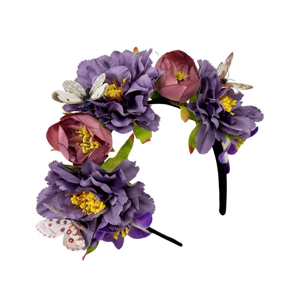 Fabric Flower Headband for Music Festival with Butterfly Decors Music Festival Accessory Hairhoop Wedding Bride Headwear