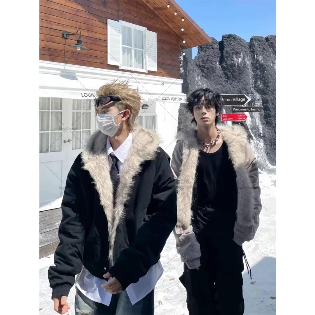 VAYLA Y2K Amerikanische Schwarze Retro Wollkragen Verdickte Baumwolljacke Herren und Damen Mode Punk Vintage Streetwear Lockere Freizeitjacken