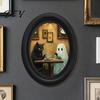 Decorative Wall Ornaments for Living Room Halloween Gothic Oval Wooden Hanging Plaque, Vintage Framed Black Cat Little Niche Aesthetic Decor