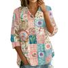 Women Button Front Patchwork Blouse Three Quarter Sleeve Loose Fit Shirt with Collar and Mixed Print Design Casual Top