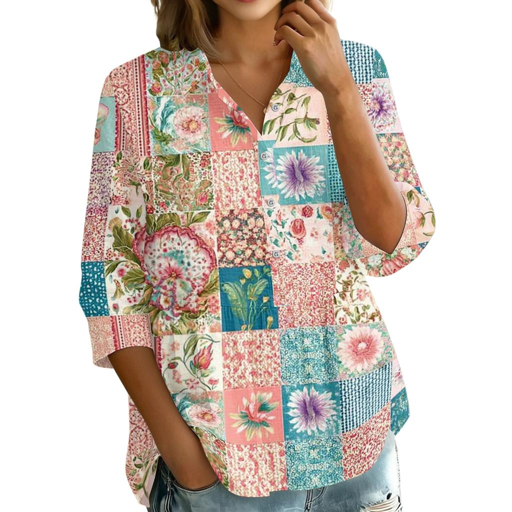 Women Button Front Patchwork Blouse Three Quarter Sleeve Loose Fit Shirt with Collar and Mixed Print Design Casual Top