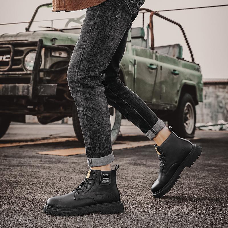 Black Genuine Leather Men's Boots Four Season Fashion New Casual High Top Boots Casual Anti Slip Thick Sole Height Increasing