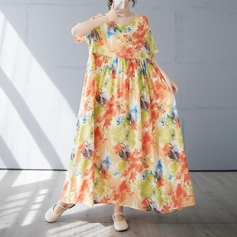 Summer New Simple Bohemian Long Dress Fattened and Enlarged Short-sleeved Crew Neck Printed Dress Women's Clothing