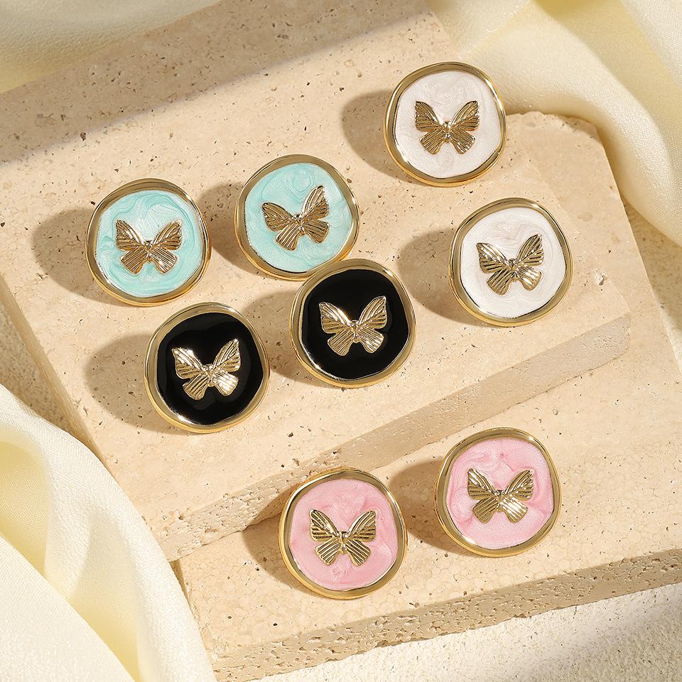 Htpwe Stainless Steel Dripping Round Butterfly Stud Earrings Women 18k Gold Couple Holiday Gift Earrings Party Daily Zircon