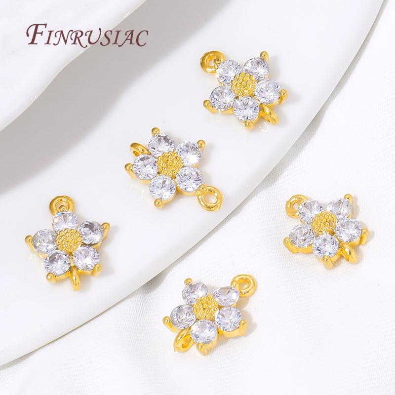 18K Gold Plated Micro Pave Cubic Zirconia Flower Connector Charms 2 Holes Crystal Flower Jewelry Link For Handmade Accessories