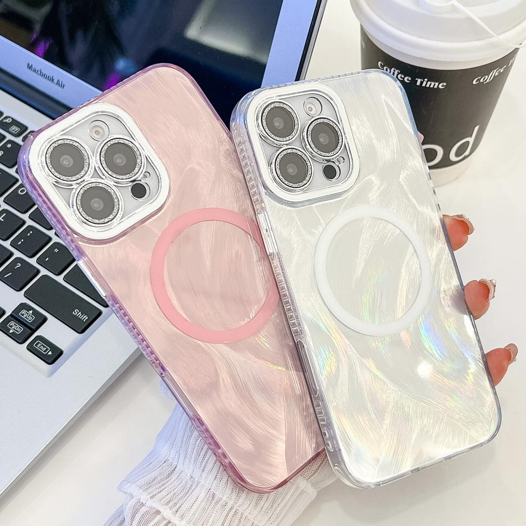 Feather Pattern Suitable for IPhone16promax Magnetic Phone Case Apple 15 with Electroplated Flash Powder Lens Film