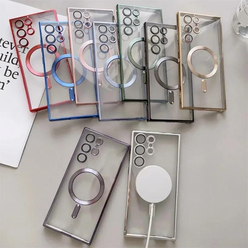 Luxury Plating For Magsafe Lens Protector Case For Samsung Galaxy S25 S24 S23 S21 S22 Ultra Plus Wireless Charge TPU Clear Cover