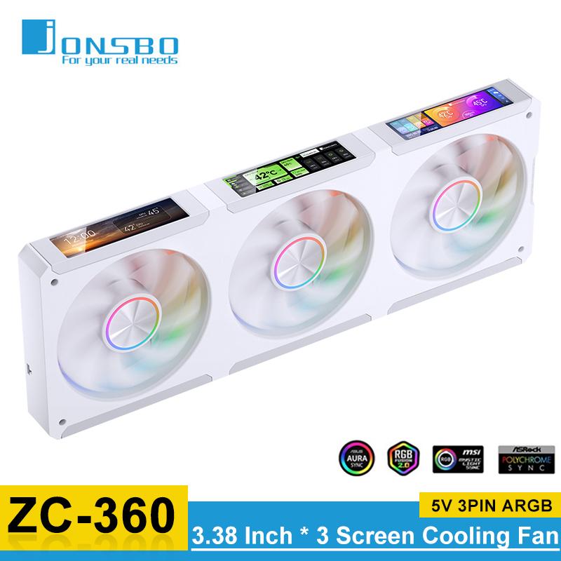 JONSBO ZC-360 3.38 Inch Screen Display Case Fan Ball Bearing Integrated Cooling Fan 5V ARGB PWM Magnetic Suction Fan ZC-360W