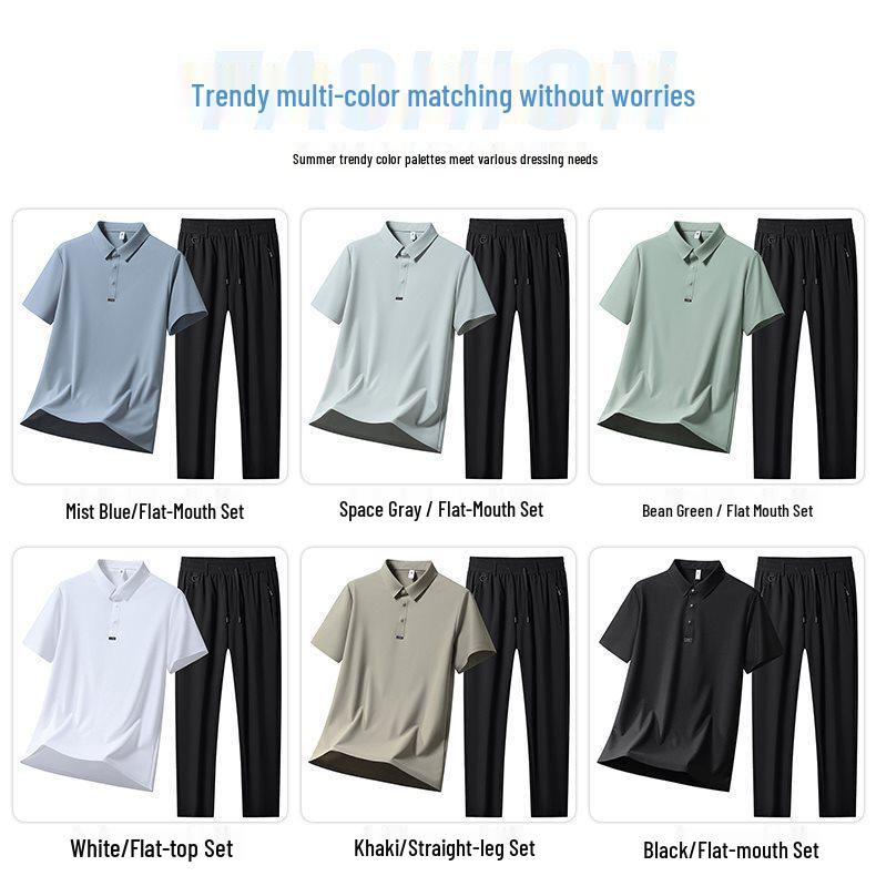 Men's Polo Short Sleeve & Long Pants Set: Summer Breathable, Elastic, Cool Touch Casual Sportswear.