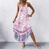 Women V Neck Sleeveless Neck Geometric Floral Print Maxi Dress with Pockets for Casual Beach Holiday Wear