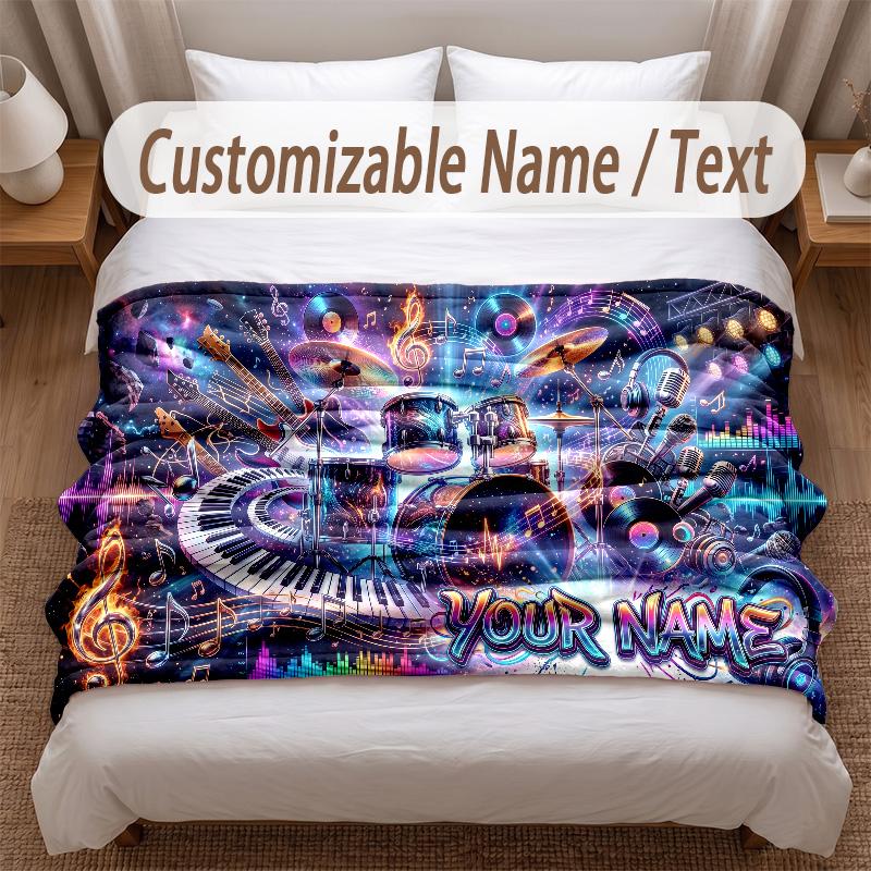 Music General Theme Soft Blanket Personalized Custom Name Text Print Warm Blanket Home Sofa Bedroom Decor
