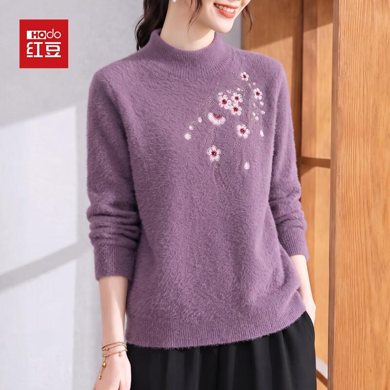 Hodo Women's Floral Embroidered Semi-High Collar Knit Sweater