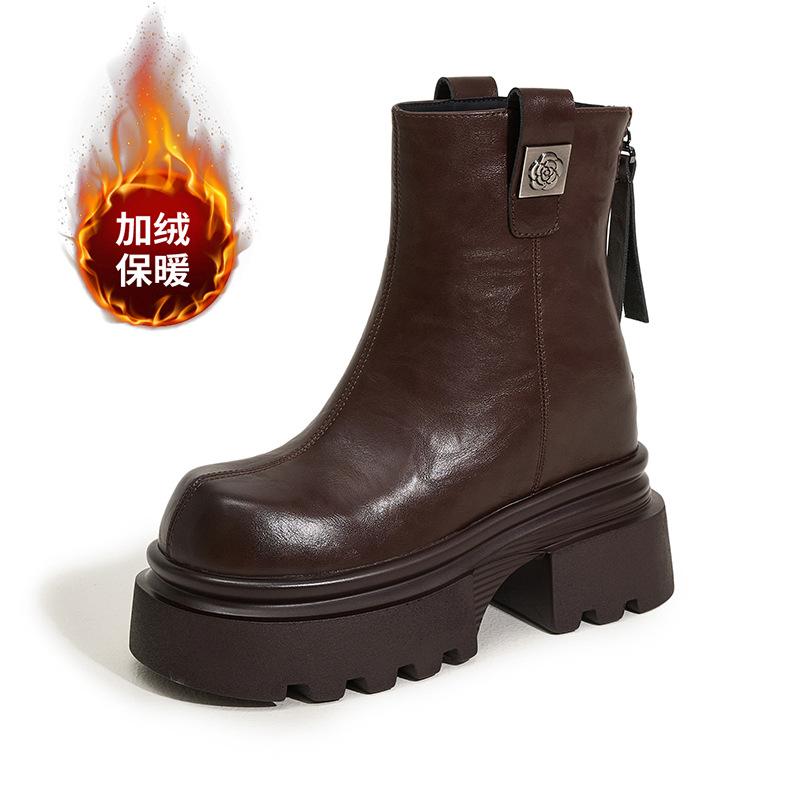 

Женские ботинки Мартин 2025 зима новые универсальные модные ботинки бархатные теплые тонкие ботинки толстая подошва внутренняя платформа короткие ботинки 39 коричневый