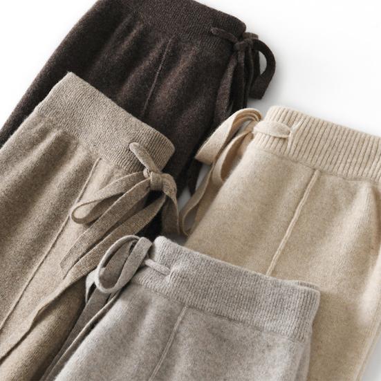 Women Long Pants Elastic High Waist Wide-Leg Knitted Pants with Pockets Solid