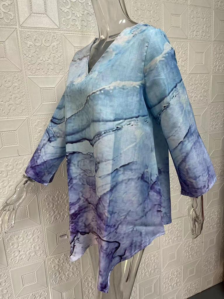 2024 Women's Plus Size Casual V-Neck Long Sleeve Printed Top