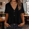 Women Casual Cotton Hooded Pullover Shirt Short Sleeve Drawstring V Neck Button Front Lightweight Blouse