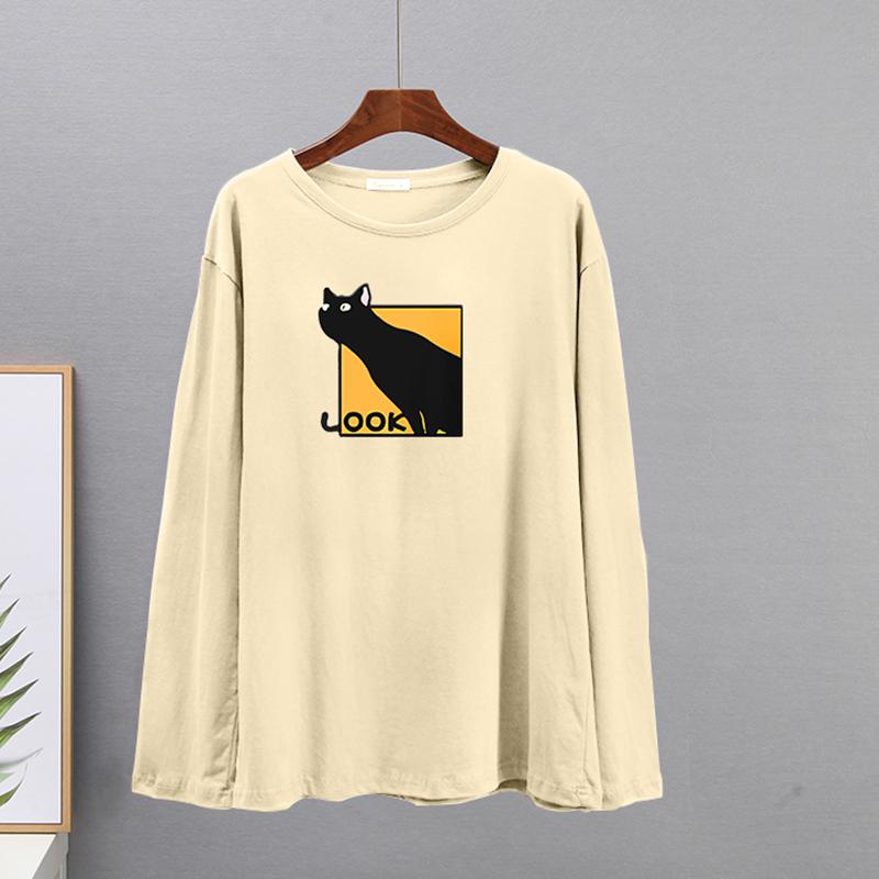 Hirsionsan Casual Loose T Shirt Women Spring New Simple Cute Cat O-neck Tees Female Fashion Long Sleeve All-match Tops for Girls