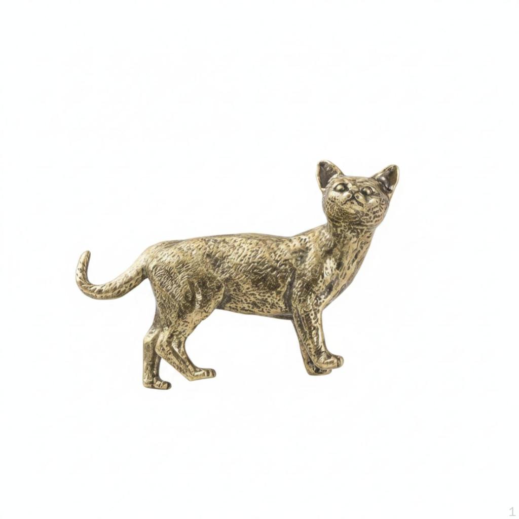 Tea Pet Antique Style Desktop Ornament Distressed Brass Figurine for Collectors, Desk, Shelf Big Cat