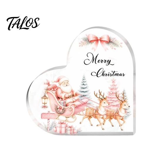 Romantic Christmas Gifts Heart Shaped Acrylic Tabletop Sign, 2D Winter Snow Scene Desktop Ornament Holiday Centerpieces with Santa, Snowman