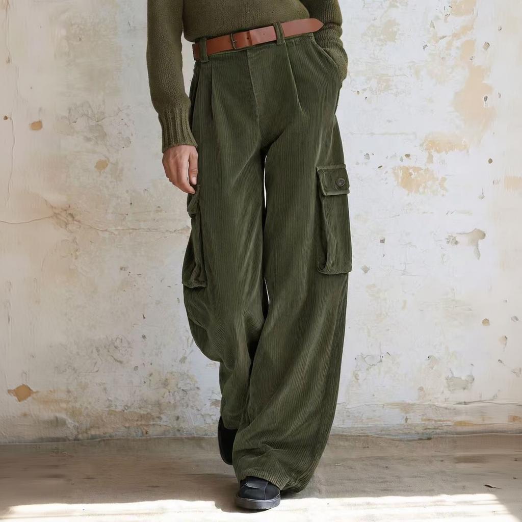 Women's High Waist Corduroy Cargo Pants with Pockets, Casual Versatile Long Trousers