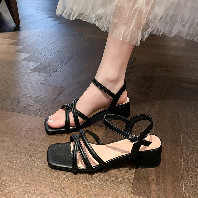 2025 Summer New Thick Heel Fairy Wind Middle Heel Women's Sandals Gentle Temperament Open Toe One Word Buckle Belt Women's Shoes
