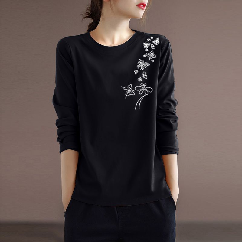 Spring and Autumn Women's Pullover Round Neck Plant&Flowers Printed Butterfly Contrast Long Sleeve T-shirt Underlay Elegant Tops
