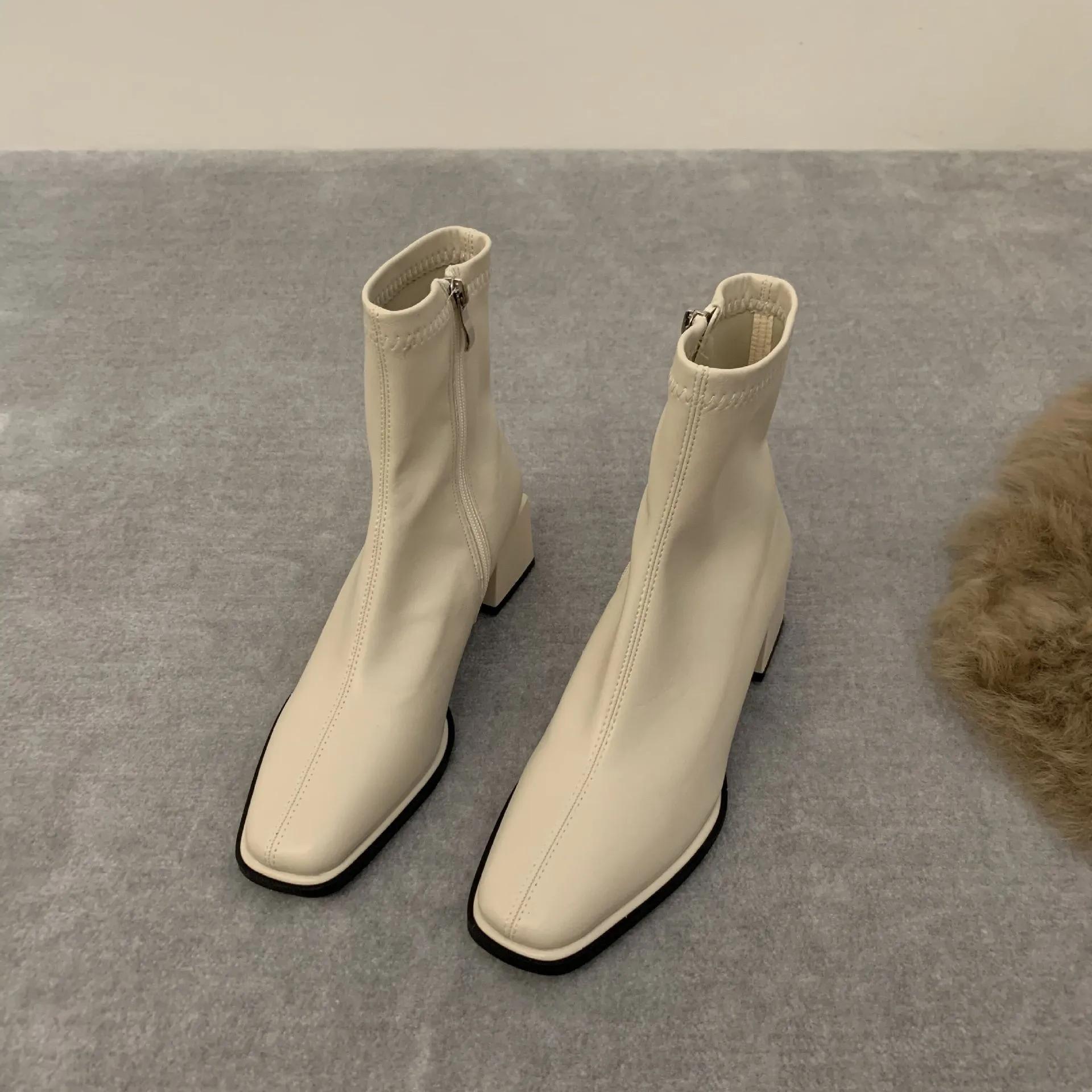 

Женские ботильоны с квадратным носком, флоковые эластичные туфли на тонком среднем каблуке, черные/коричневые/бежевые, с застежкой-молнией сзади, женские размеры 35-40 39 бежевый